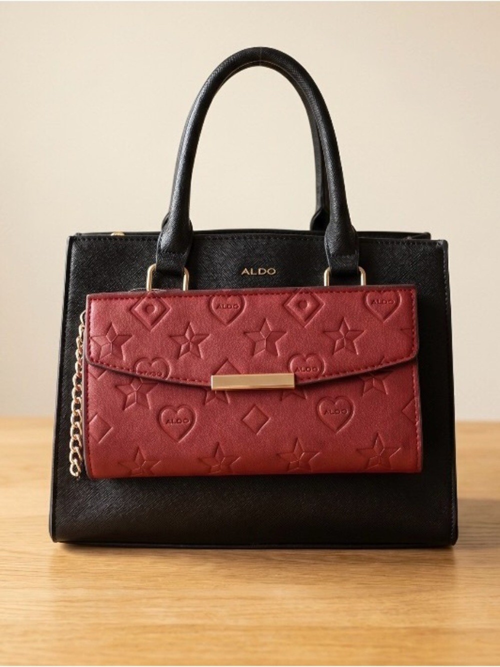 NWOT Aldo Black Satchel with Red Embossed Front Clutch